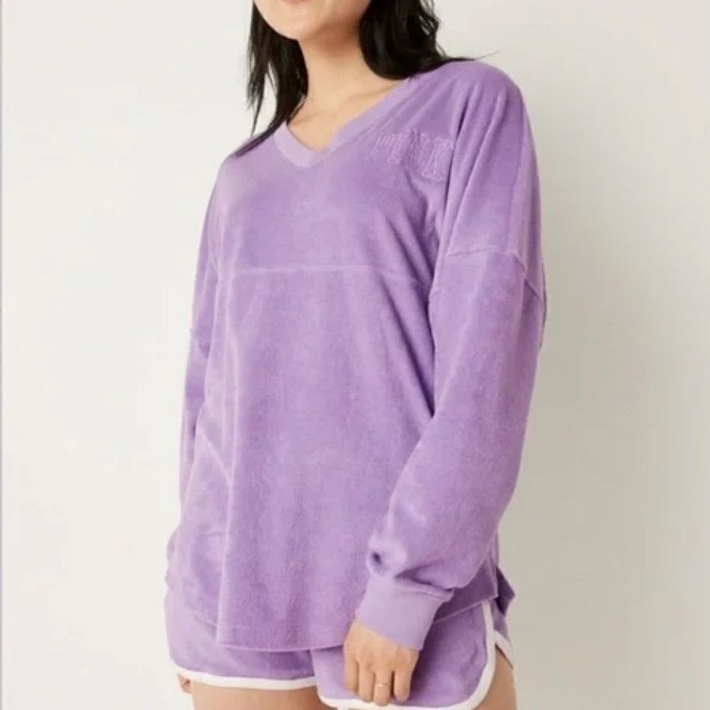 Victorias Secret Pink Varsity Terry Cloth V Neck Oversized Pullover petal purple